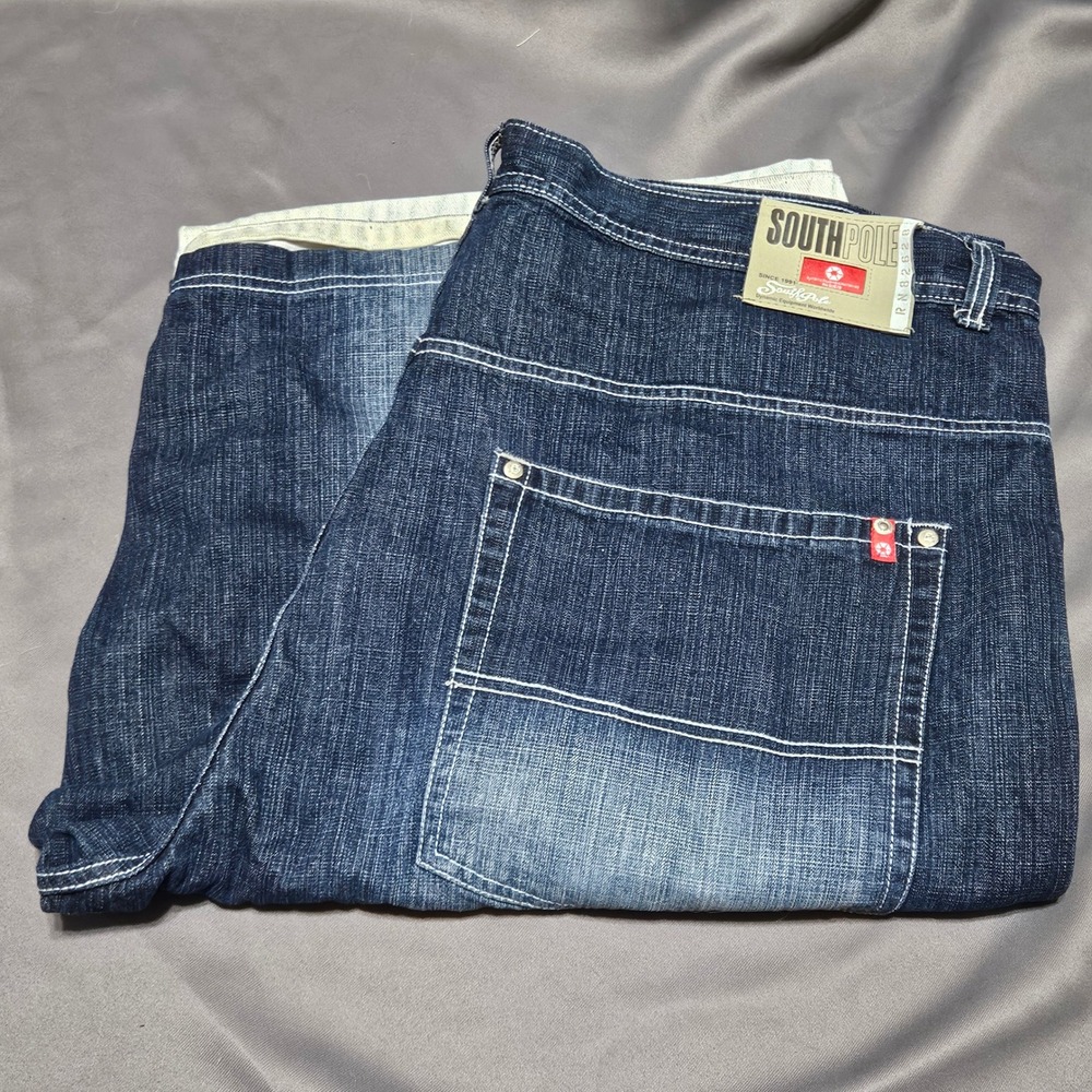 Southpole Mens Baggy Denim Shorts Size 48 Y2K Blue Dark Wash Contrast Stitching